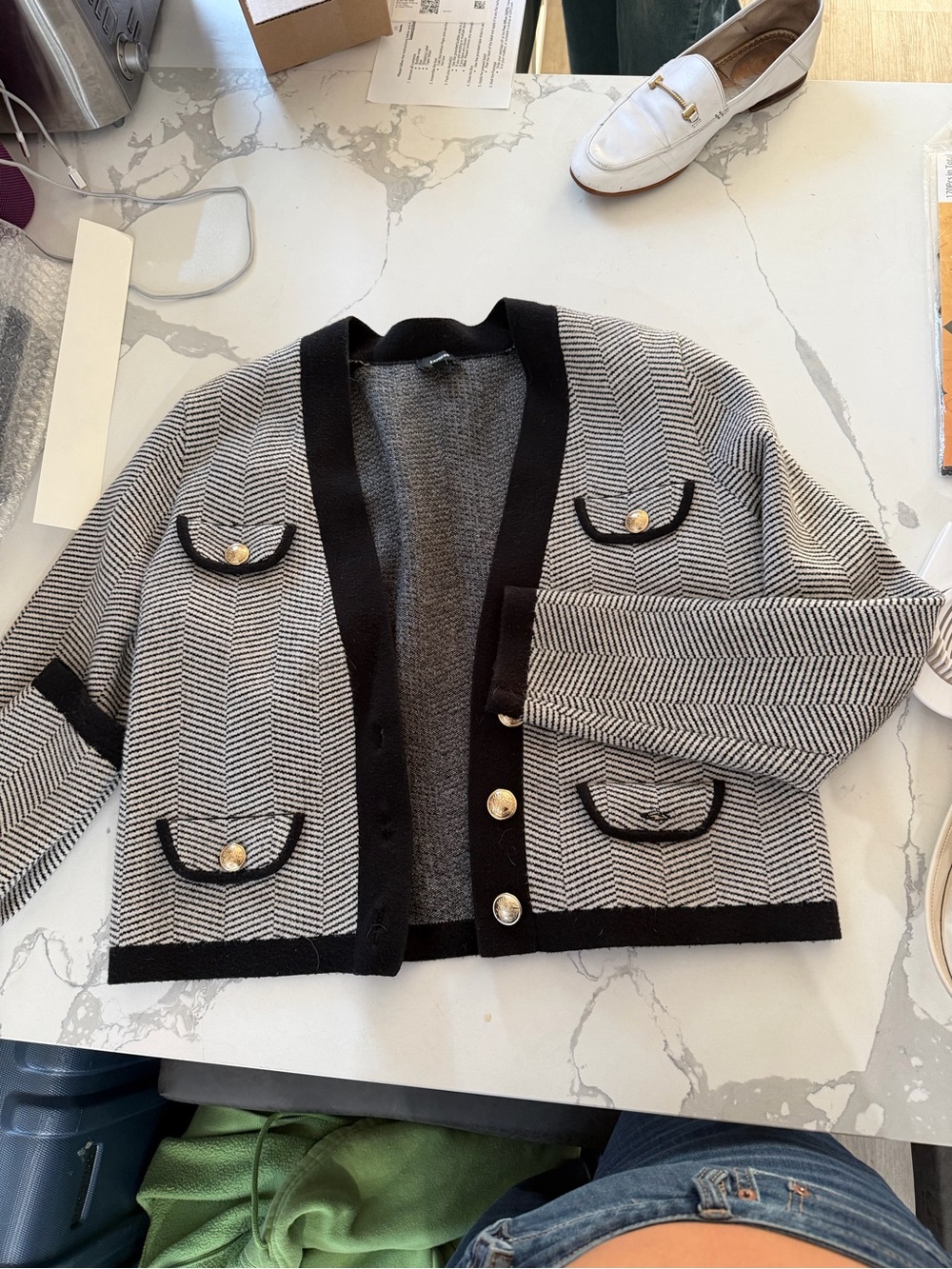 Express Black and White Herringbone Knit Blazer